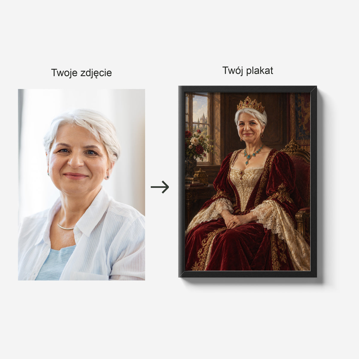 Cesarzowa — zdjęcie źródłowe i gotowy plakat w czarnej ramie; porównanie tej samej osoby przed i po personalizacji. C-PL-ROY-08-2130-NF