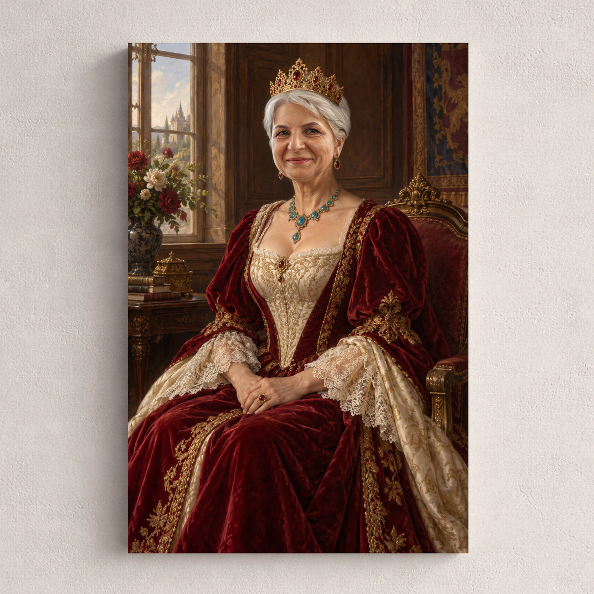 Cesarzowa — personalizowany portret ze zdjęcia na płótnie, przykład obrazu w rozmiarze 20×30 cm na jasnej ścianie.