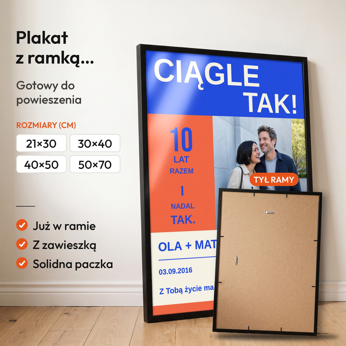 CIĄGLE TAK — plakat z ramką, gotowy do powieszenia: czarna rama od przodu i tył ramy z zawieszką. C-PL-HEART-9-2130-NF