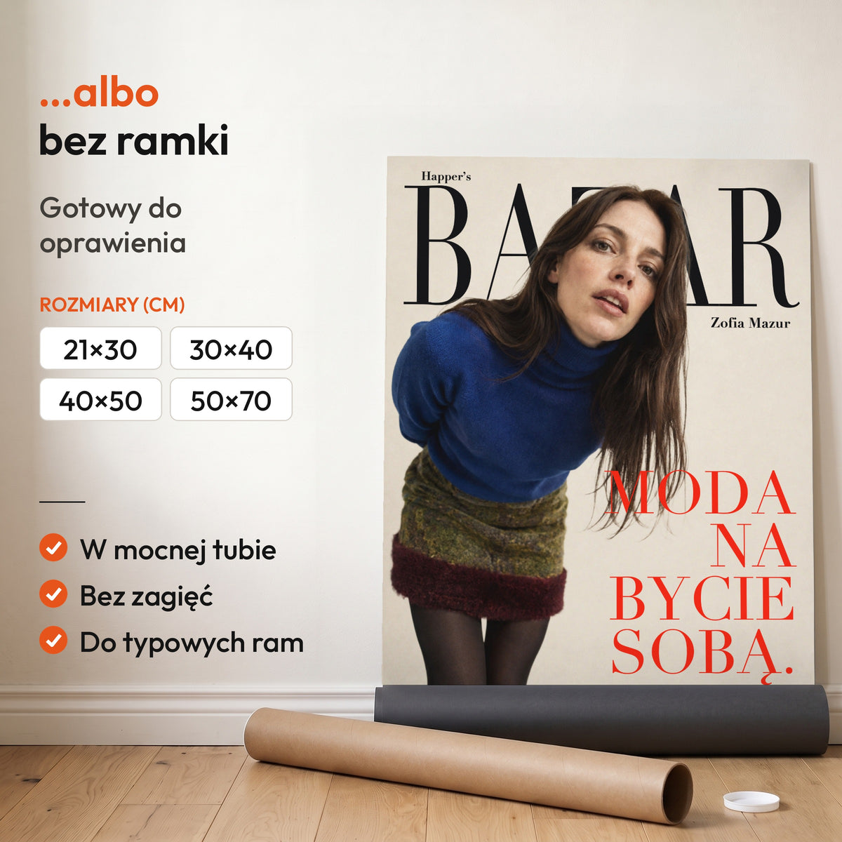 Happer’s BAZAR — plakat bez ramki, gotowy do oprawienia: rozwinięty z rolki, obok tuba do wysyłki. C-PL-COVMAG-47-2130-NF