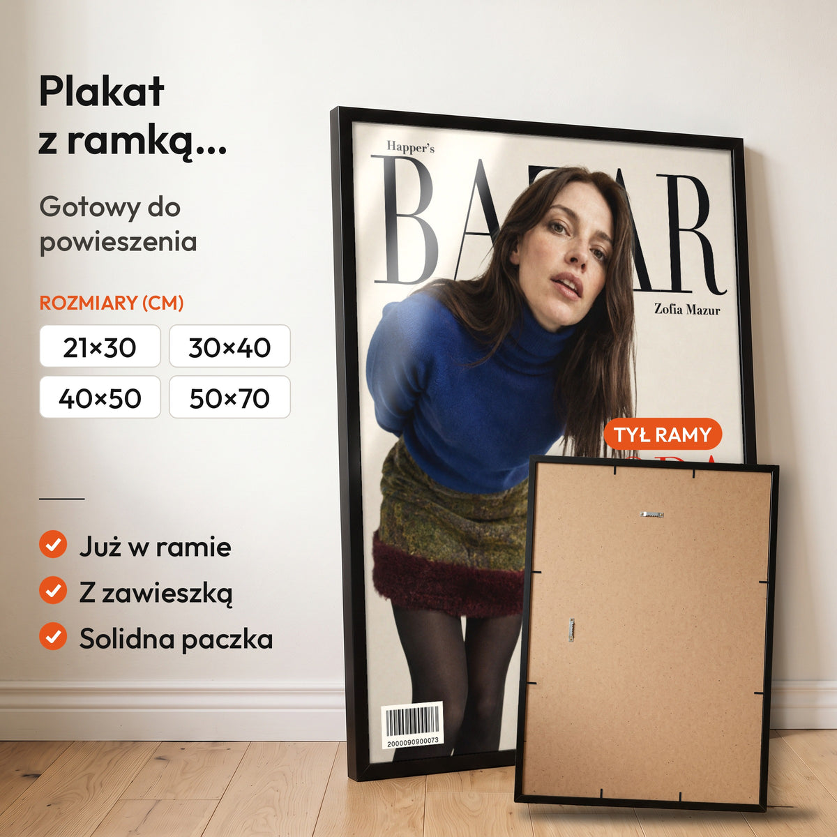 Happer’s BAZAR — plakat z ramką, gotowy do powieszenia: czarna rama od przodu i tył ramy z zawieszką. C-PL-COVMAG-47-2130-NF