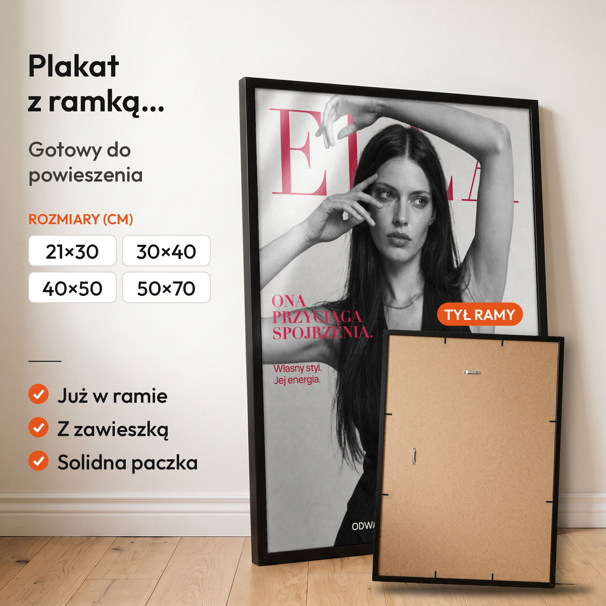 ELLA — plakat z ramką, gotowy do powieszenia: czarna rama od przodu i tył ramy z zawieszką. C-PL-COVMAG-46-2130-NF
