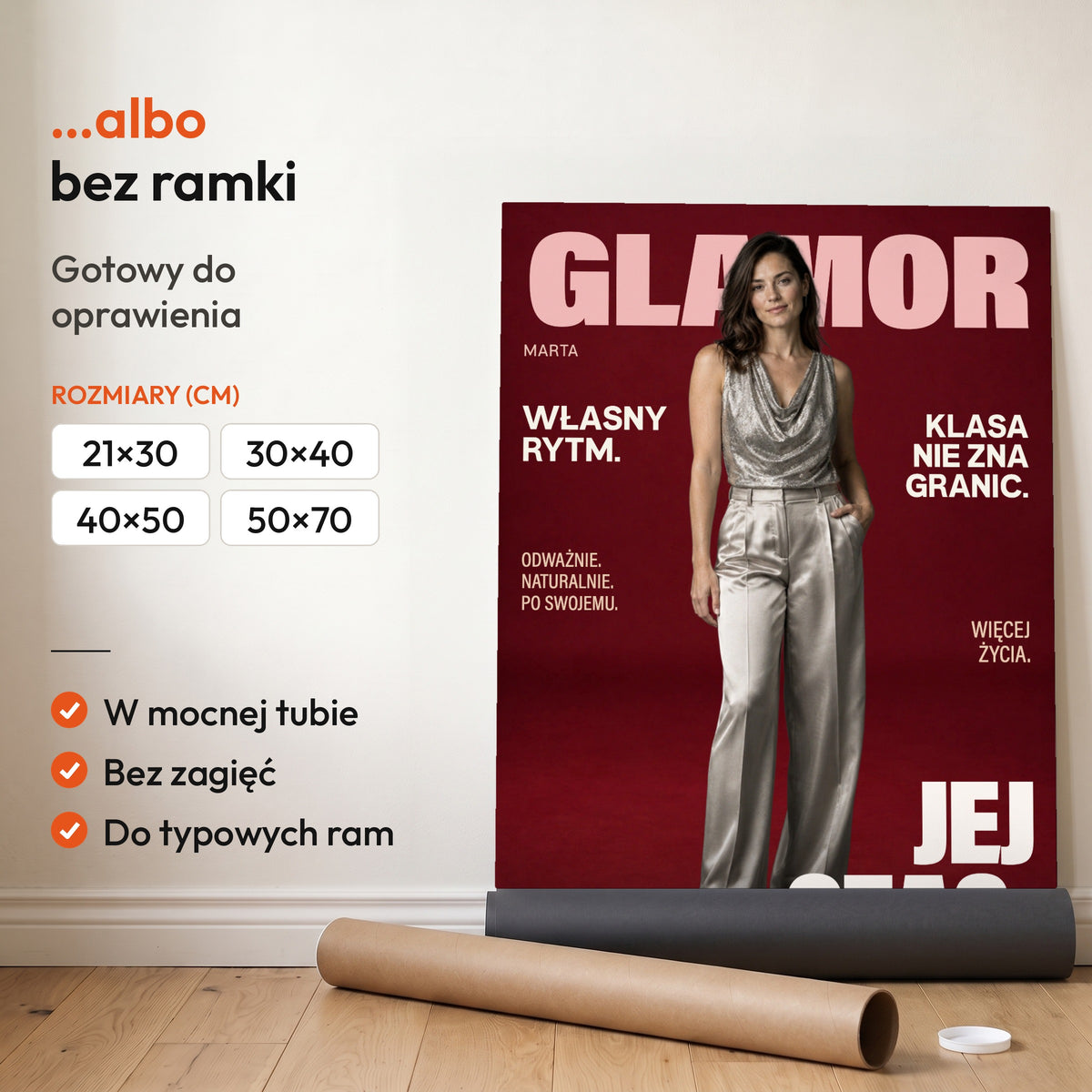 GLAMOR Jej Czas — plakat bez ramki, gotowy do oprawienia: rozwinięty z rolki, obok tuba do wysyłki. C-PL-COVMAG-49-2130-NF
