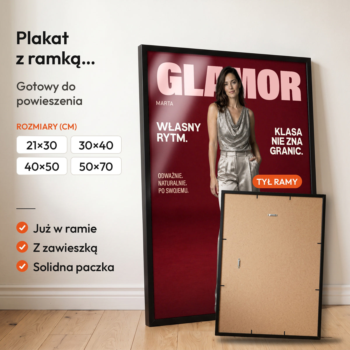 GLAMOR Jej Czas — plakat z ramką, gotowy do powieszenia: czarna rama od przodu i tył ramy z zawieszką. C-PL-COVMAG-49-2130-NF