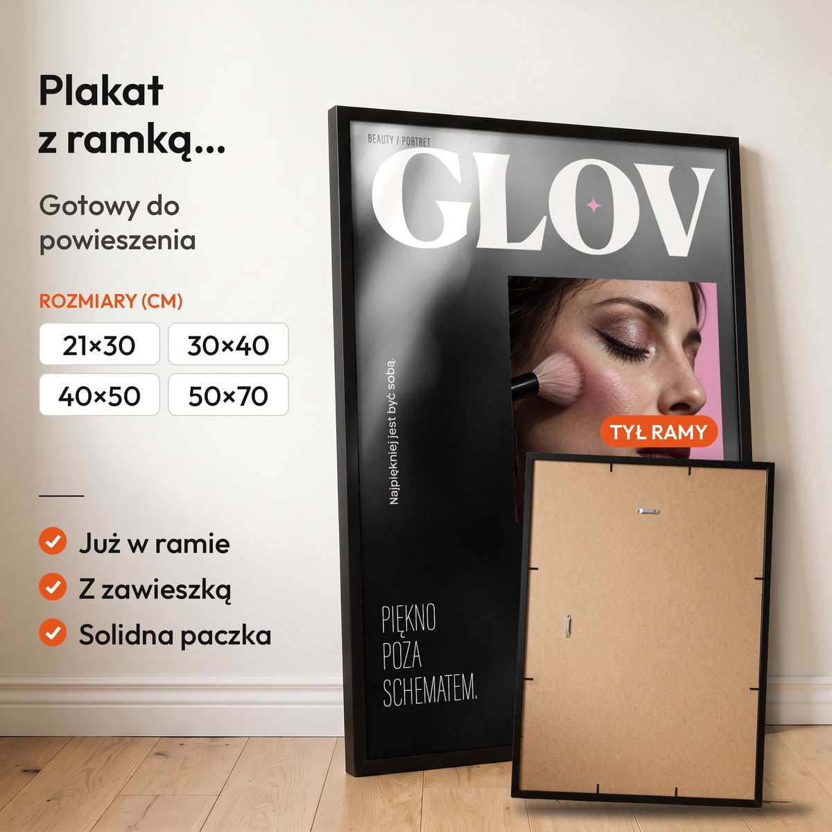 GLOV — plakat z ramką, gotowy do powieszenia: czarna rama od przodu i tył ramy z zawieszką. C-PL-COVMAG-42-2130-NF