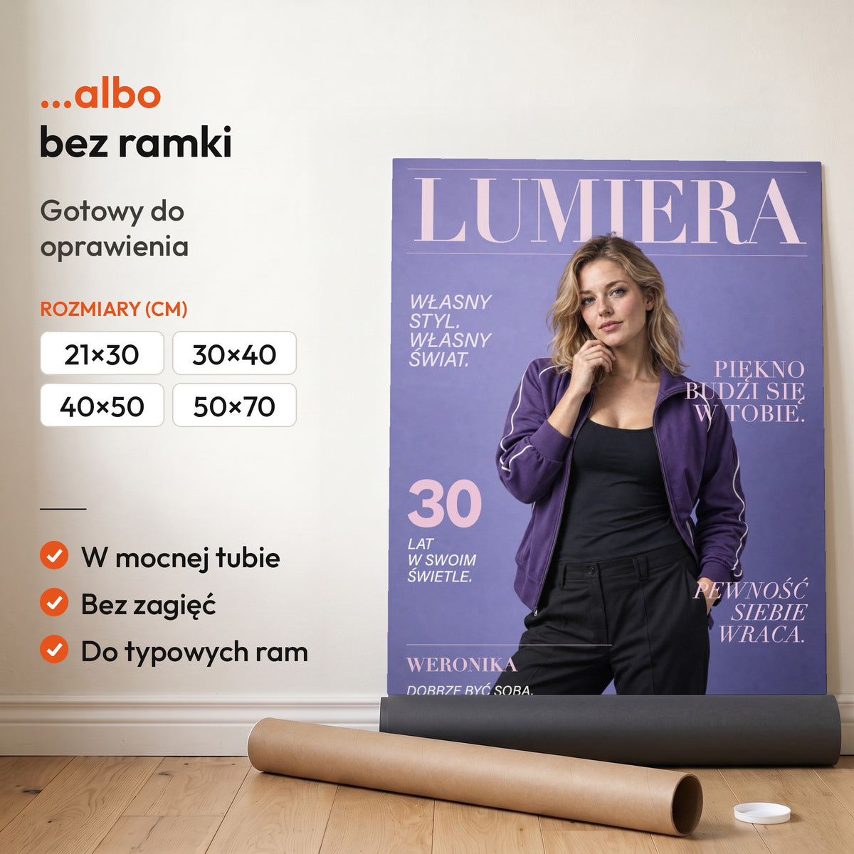 LUMIERA — plakat bez ramki, gotowy do oprawienia: rozwinięty z rolki, obok tuba do wysyłki. C-PL-COVMAG-50-2130-NF