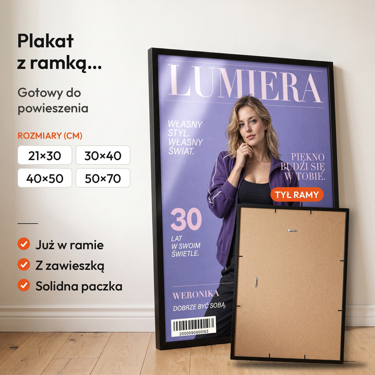 LUMIERA — plakat z ramką, gotowy do powieszenia: czarna rama od przodu i tył ramy z zawieszką. C-PL-COVMAG-50-2130-NF