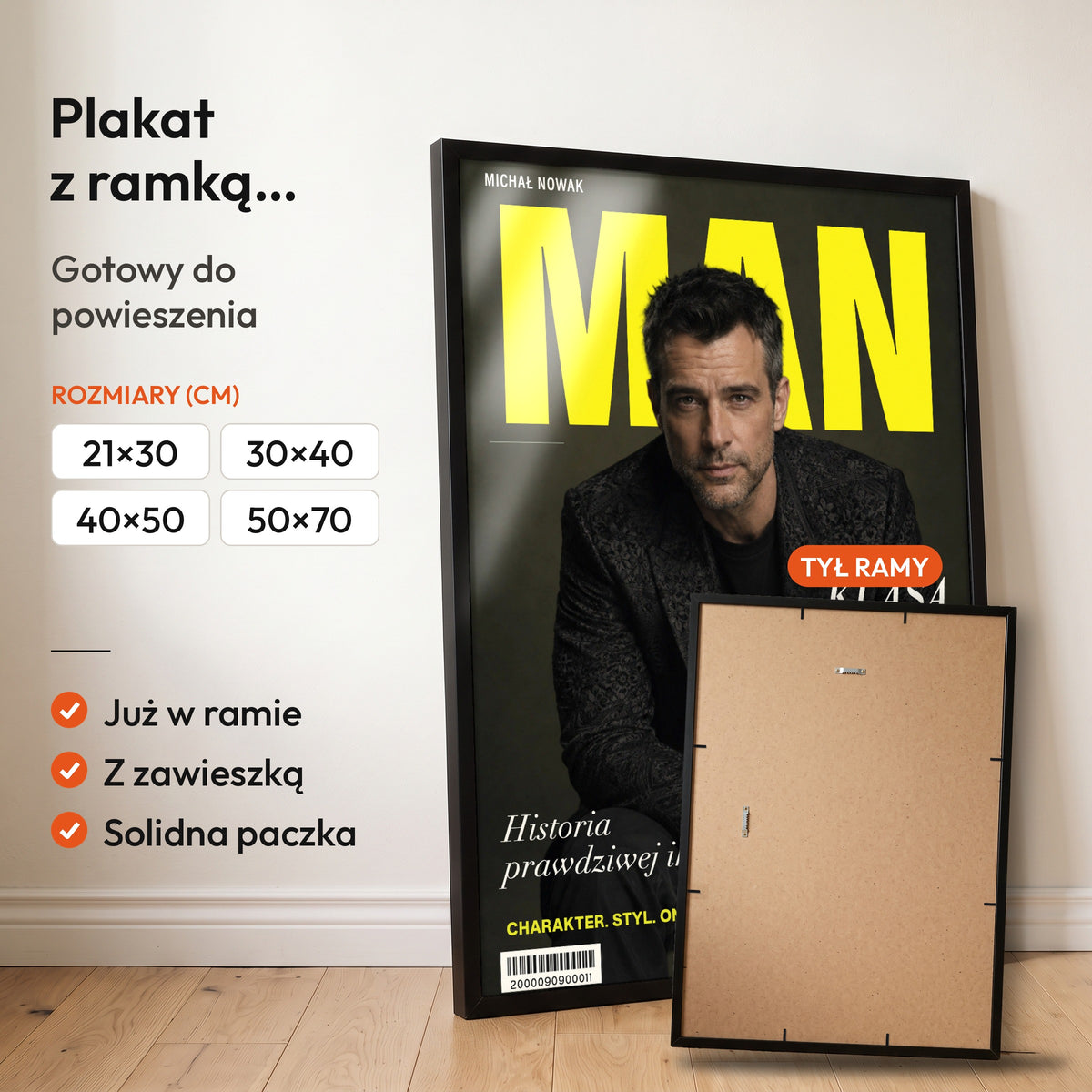 MAN Ikona Charakteru — plakat z ramką, gotowy do powieszenia: czarna rama od przodu i tył ramy z zawieszką. C-PL-COVMAG-41-2130-NF
