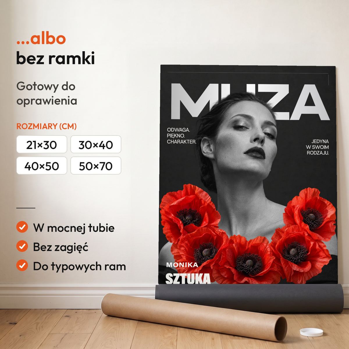 MUZA — plakat bez ramki, gotowy do oprawienia: rozwinięty z rolki, obok tuba do wysyłki. C-PL-COVMAG-43-2130-NF