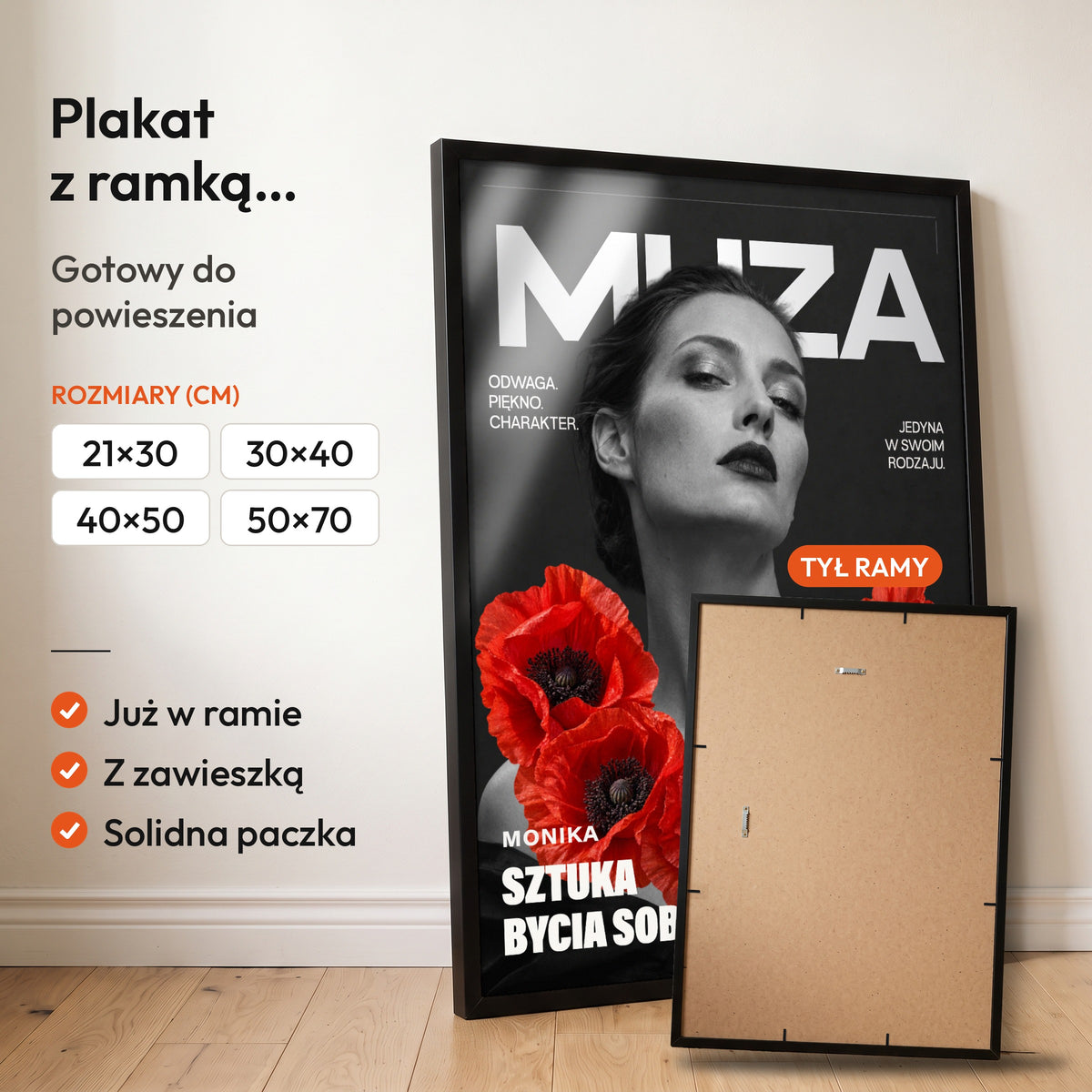 MUZA — plakat z ramką, gotowy do powieszenia: czarna rama od przodu i tył ramy z zawieszką. C-PL-COVMAG-43-2130-NF