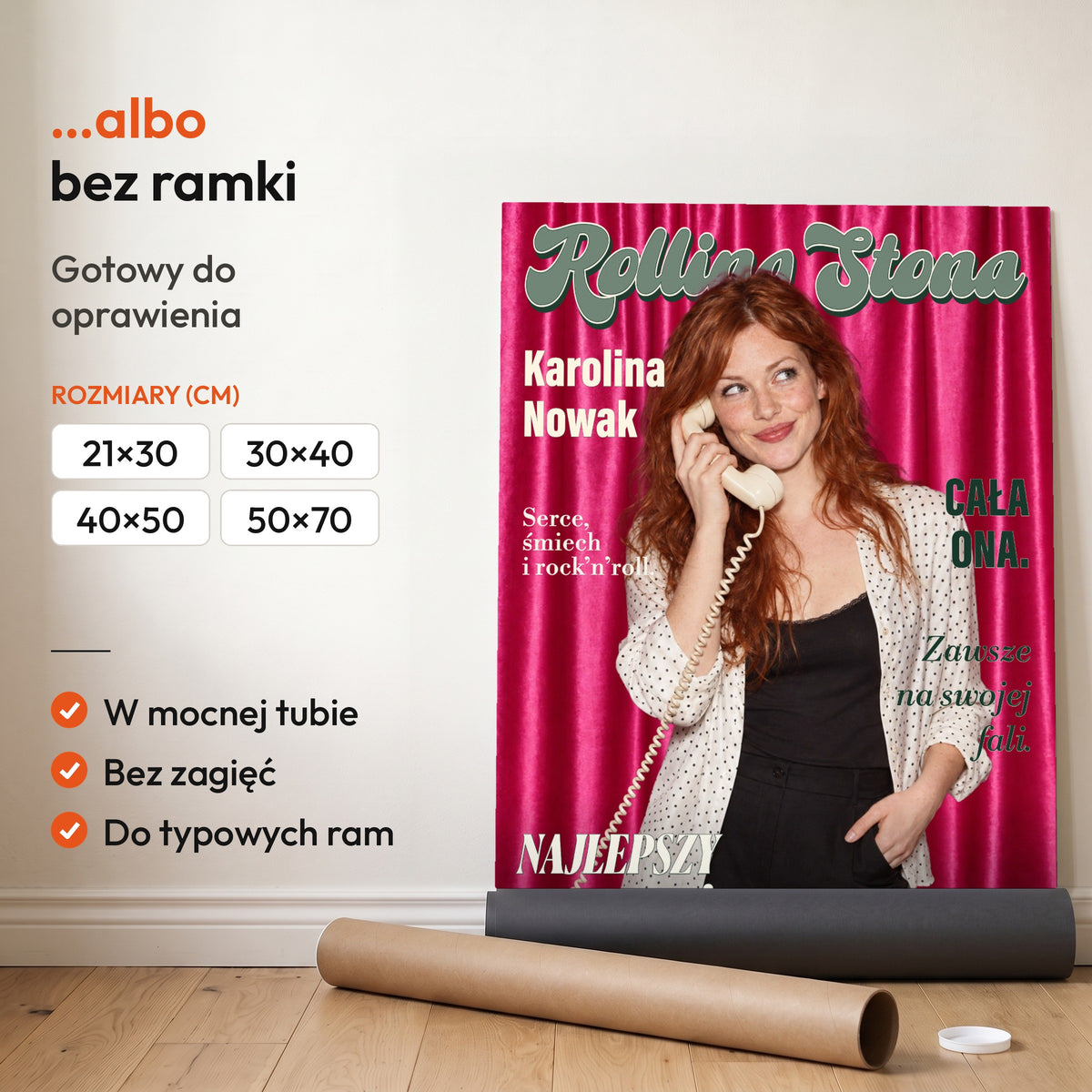 Rolling Stona — plakat bez ramki, gotowy do oprawienia: rozwinięty z rolki, obok tuba do wysyłki. C-PL-COVMAG-52-2130-NF