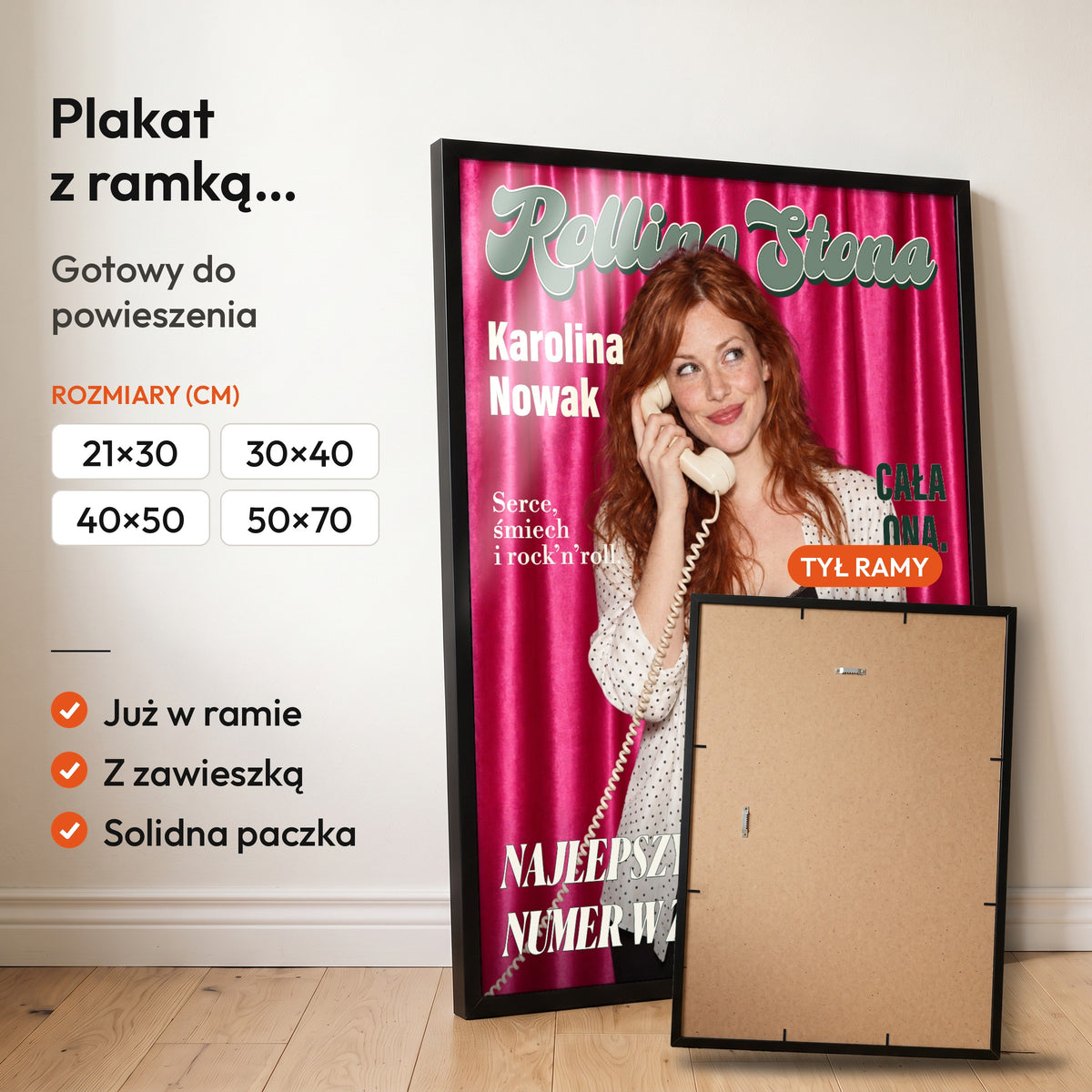 Rolling Stona — plakat z ramką, gotowy do powieszenia: czarna rama od przodu i tył ramy z zawieszką. C-PL-COVMAG-52-2130-NF