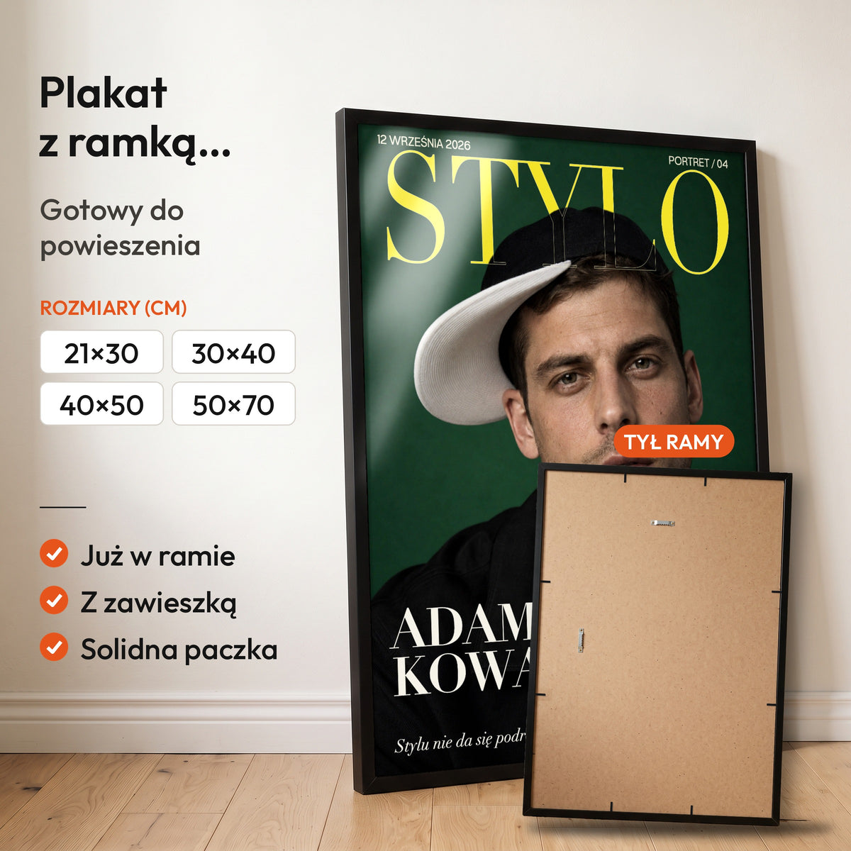STYLO Własna Liga — plakat z ramką, gotowy do powieszenia: czarna rama od przodu i tył ramy z zawieszką. C-PL-COVMAG-44-2130-NF