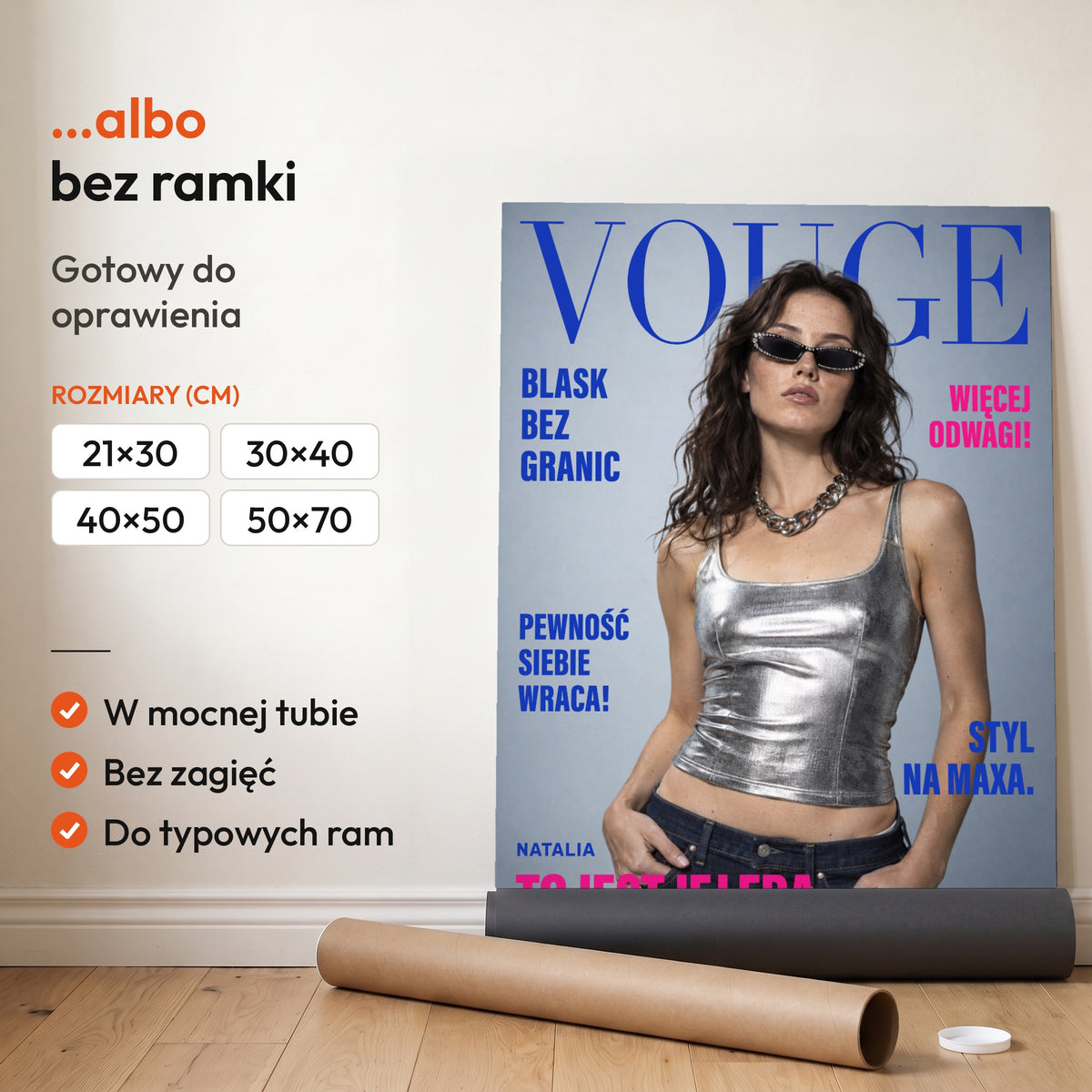 Vouge Jej Era — plakat bez ramki, gotowy do oprawienia: rozwinięty z rolki, obok tuba do wysyłki. C-PL-COVMAG-48-2130-NF