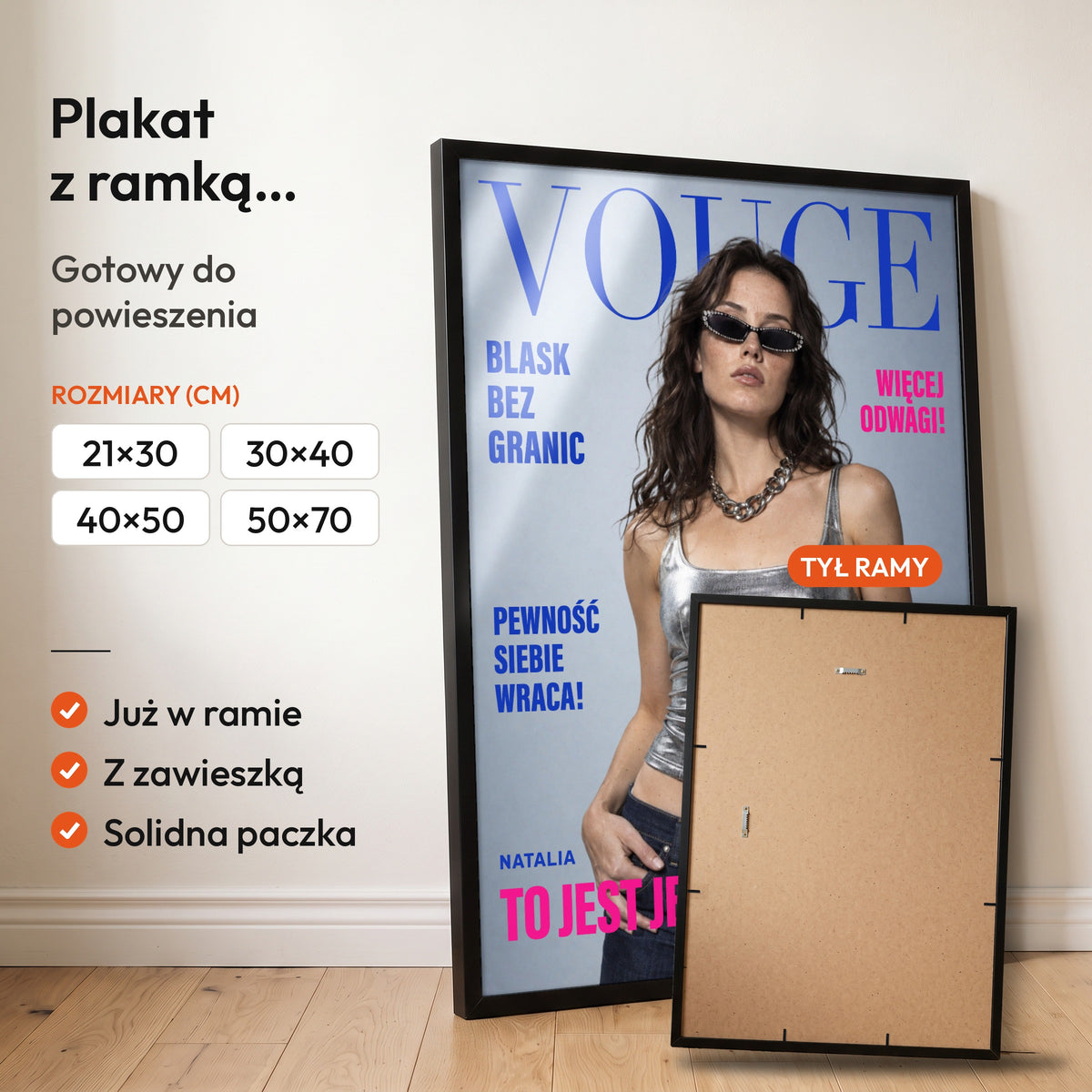 Vouge Jej Era — plakat z ramką, gotowy do powieszenia: czarna rama od przodu i tył ramy z zawieszką. C-PL-COVMAG-48-2130-NF