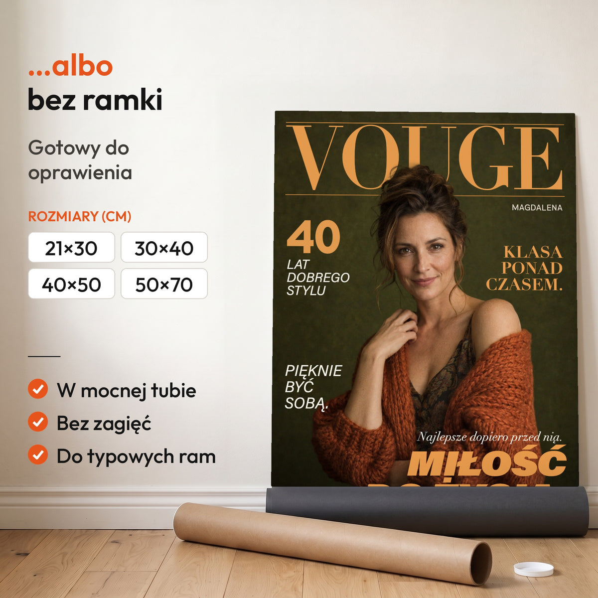 Vouge Ponadczasowa — plakat bez ramki, gotowy do oprawienia: rozwinięty z rolki, obok tuba do wysyłki. C-PL-COVMAG-51-2130-NF