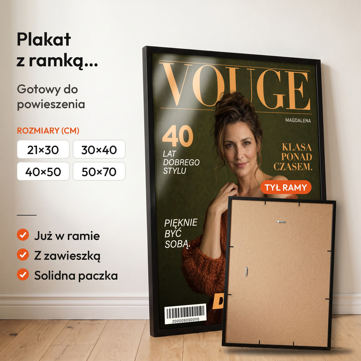 Vouge Ponadczasowa — plakat z ramką, gotowy do powieszenia: czarna rama od przodu i tył ramy z zawieszką. C-PL-COVMAG-51-2130-NF