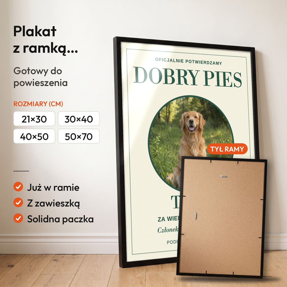 Dobry Pies — plakat z ramką, gotowy do powieszenia: czarna rama od przodu i tył ramy z zawieszką. C-PL-PET-7-2130-NF