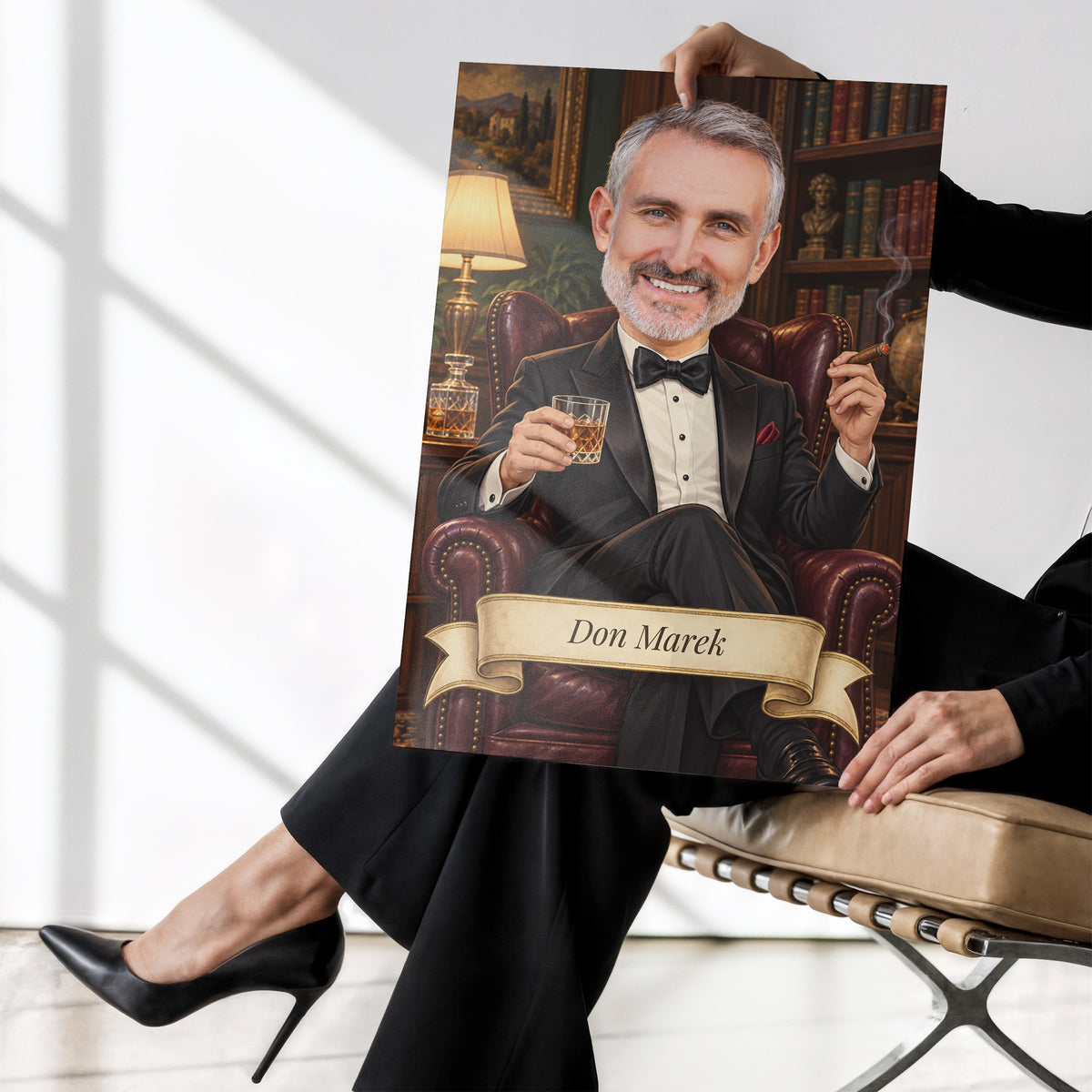 Don — plakat bez ramki trzymany w dłoniach, z karykaturą mężczyzny w smokingu, w skórzanym fotelu z whisky i cygarem. C-PL-KAR-09-2130-NF