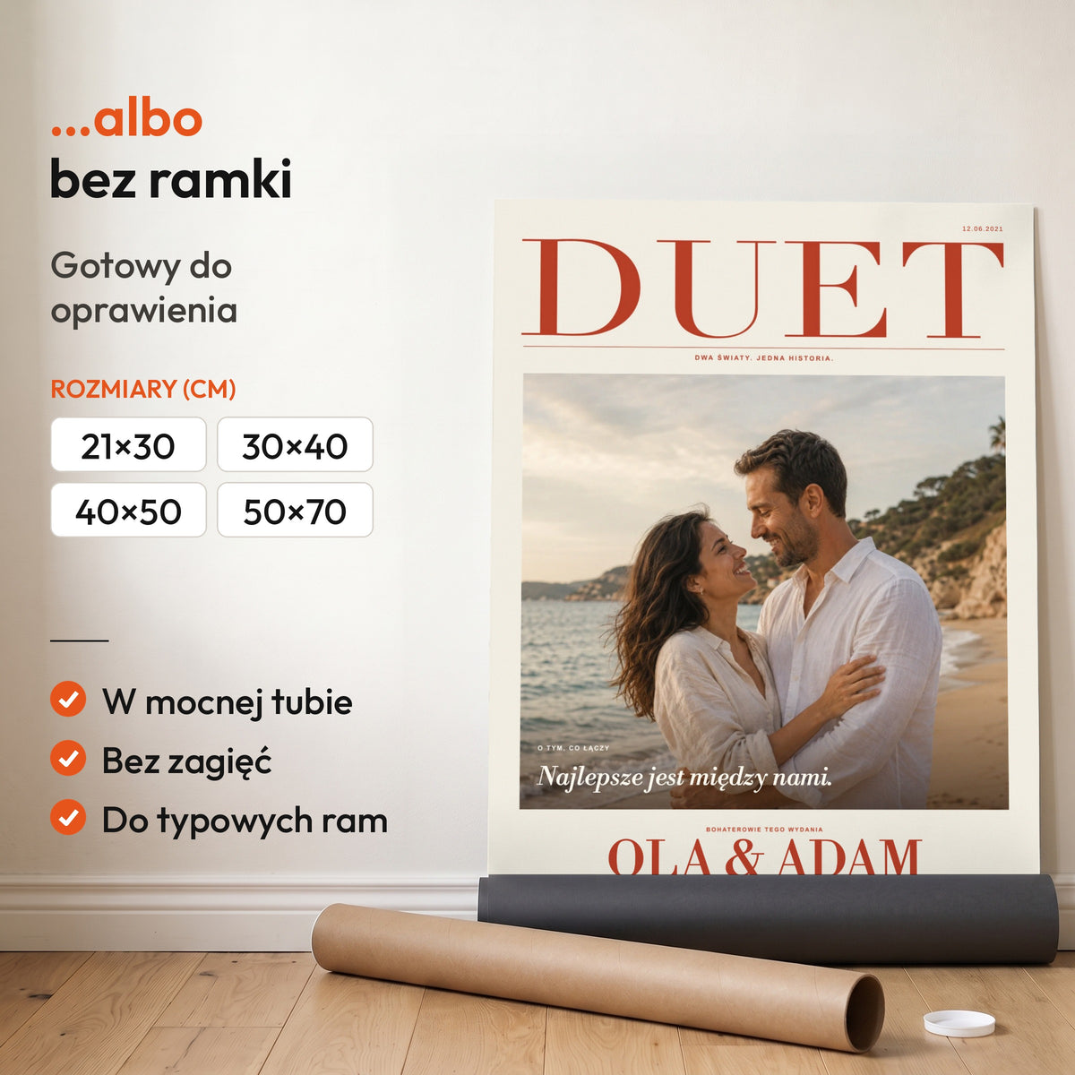 DUET — plakat bez ramki, gotowy do oprawienia: rozwinięty z rolki, obok tuba do wysyłki. C-PL-COVMAG-5-2130-NF