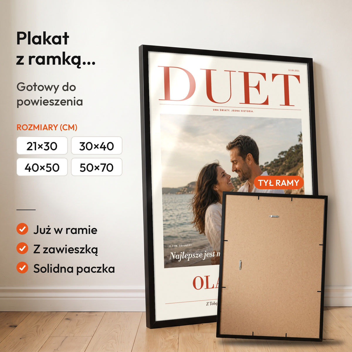 DUET — plakat z ramką, gotowy do powieszenia: czarna rama od przodu i tył ramy z zawieszką. C-PL-COVMAG-5-2130-NF