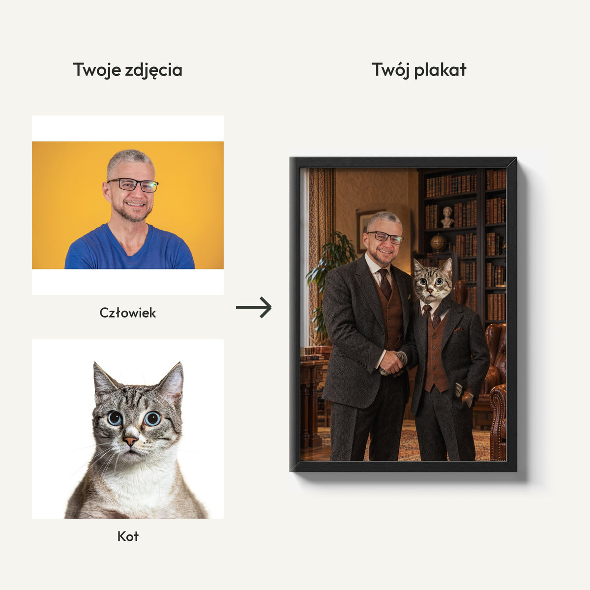 Dżentelmeńska Umowa — plakat z kotem — dwa zdjęcia człowieka i pupila oraz gotowy wspólny portret C-PL-ROY-PET-04-2130-NF
