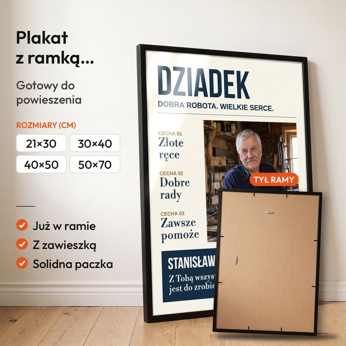 Dziadek Dobra Robota — plakat z ramką, gotowy do powieszenia: czarna rama od przodu i tył ramy z zawieszką. C-PL-HEART-24-2130-NF