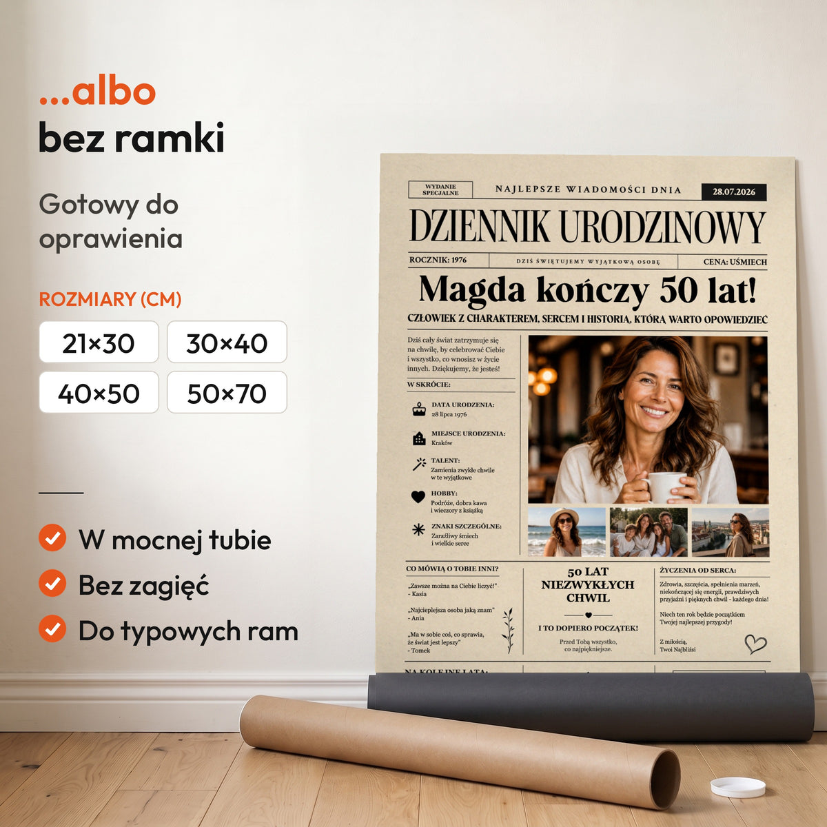 Dziennik gazetowy ze zdjęciami — plakat bez ramki, gotowy do oprawienia: rozwinięty z rolki, obok tuba do wysyłki. C-PL-GAZ-1-2130-NF