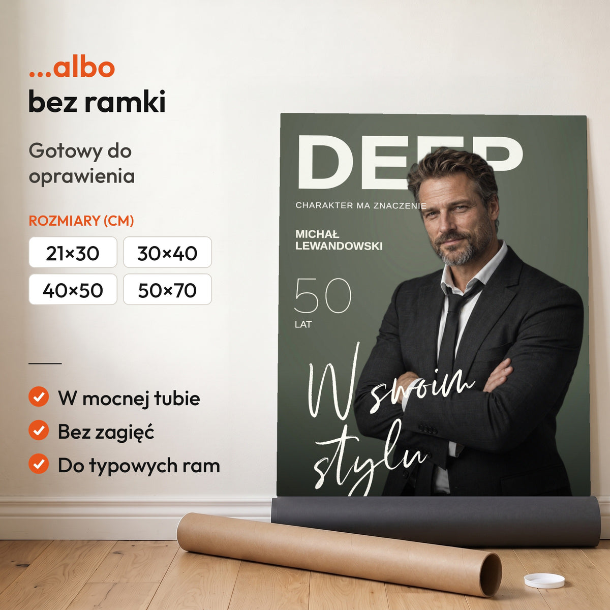 DEEP — plakat bez ramki, gotowy do oprawienia: rozwinięty z rolki, obok tuba do wysyłki. C-PL-COVMAG-27-2130-NF