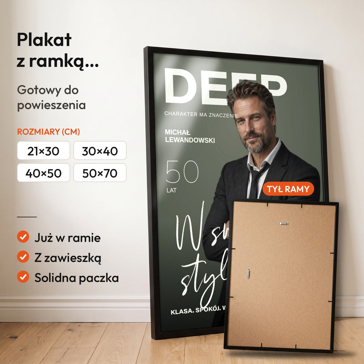 DEEP — plakat z ramką, gotowy do powieszenia: czarna rama od przodu i tył ramy z zawieszką. C-PL-COVMAG-27-2130-NF