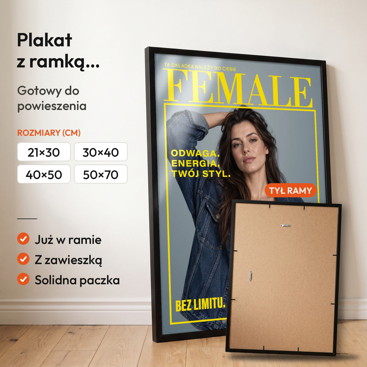 FEMALE — plakat z ramką, gotowy do powieszenia: czarna rama od przodu i tył ramy z zawieszką. C-PL-COVMAG-26-2130-NF