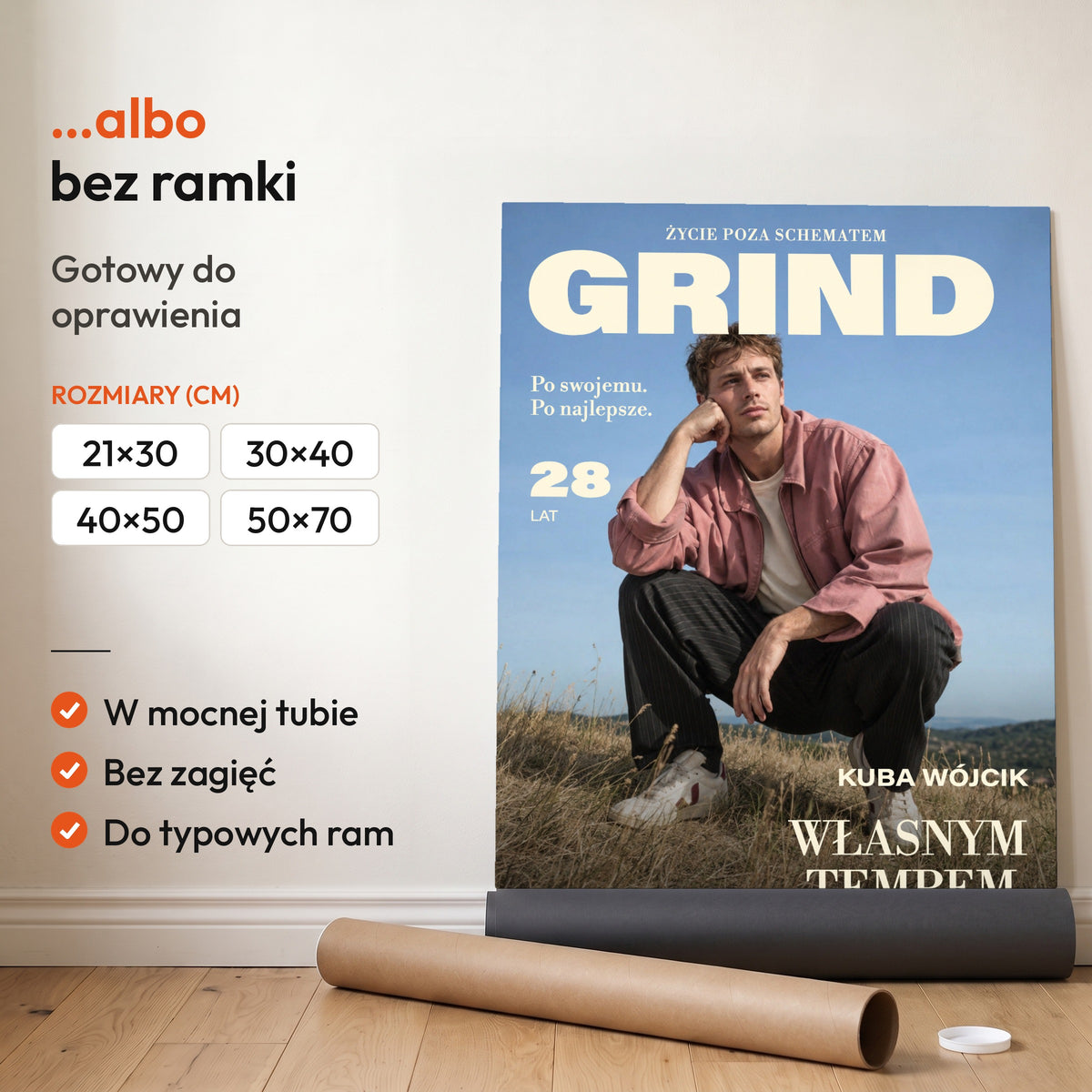 GRIND — plakat bez ramki, gotowy do oprawienia: rozwinięty z rolki, obok tuba do wysyłki. C-PL-COVMAG-28-2130-NF