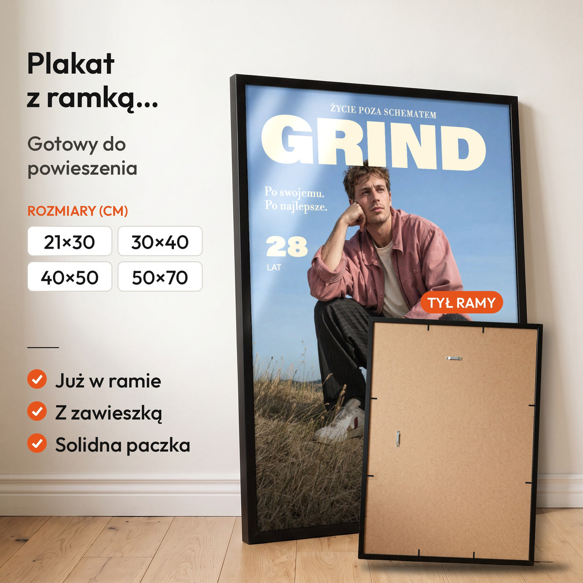 GRIND — plakat z ramką, gotowy do powieszenia: czarna rama od przodu i tył ramy z zawieszką. C-PL-COVMAG-28-2130-NF