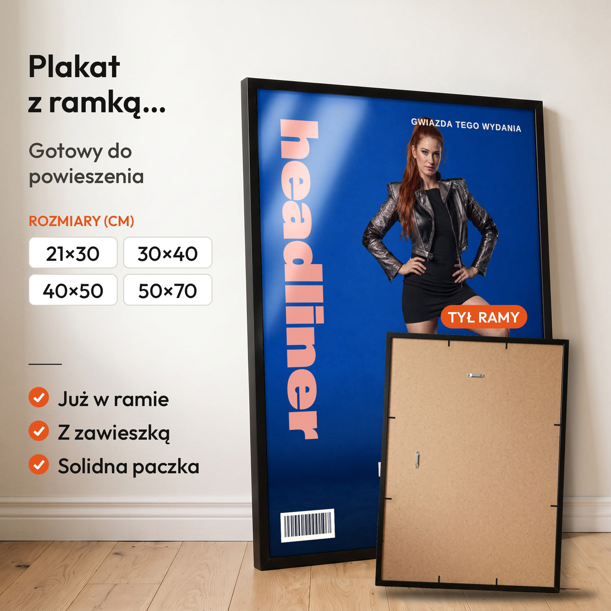 HEADLINER — plakat z ramką, gotowy do powieszenia: czarna rama od przodu i tył ramy z zawieszką. C-PL-COVMAG-30-2130-NF