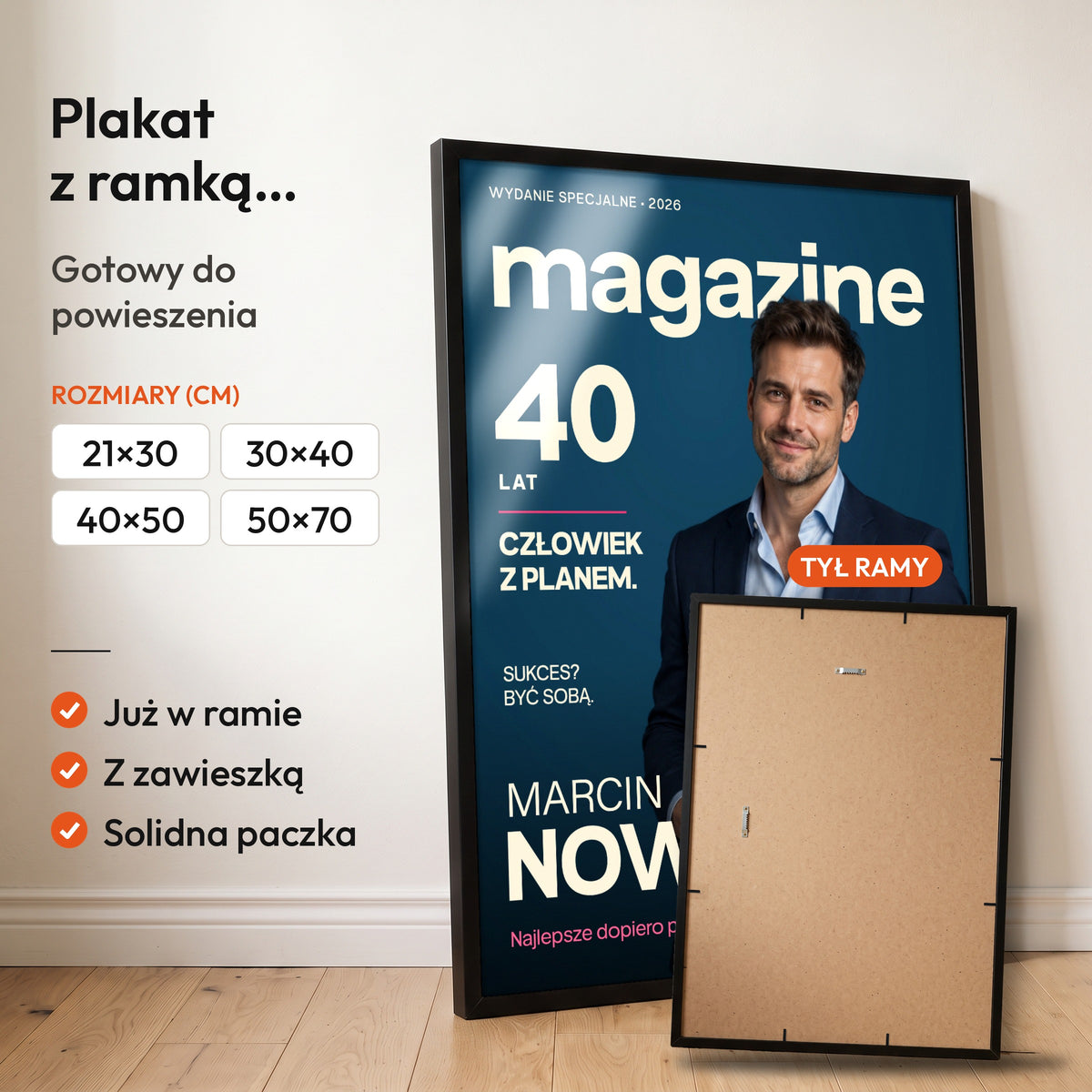 MAGAZINE — plakat z ramką, gotowy do powieszenia: czarna rama od przodu i tył ramy z zawieszką. C-PL-COVMAG-21-2130-NF