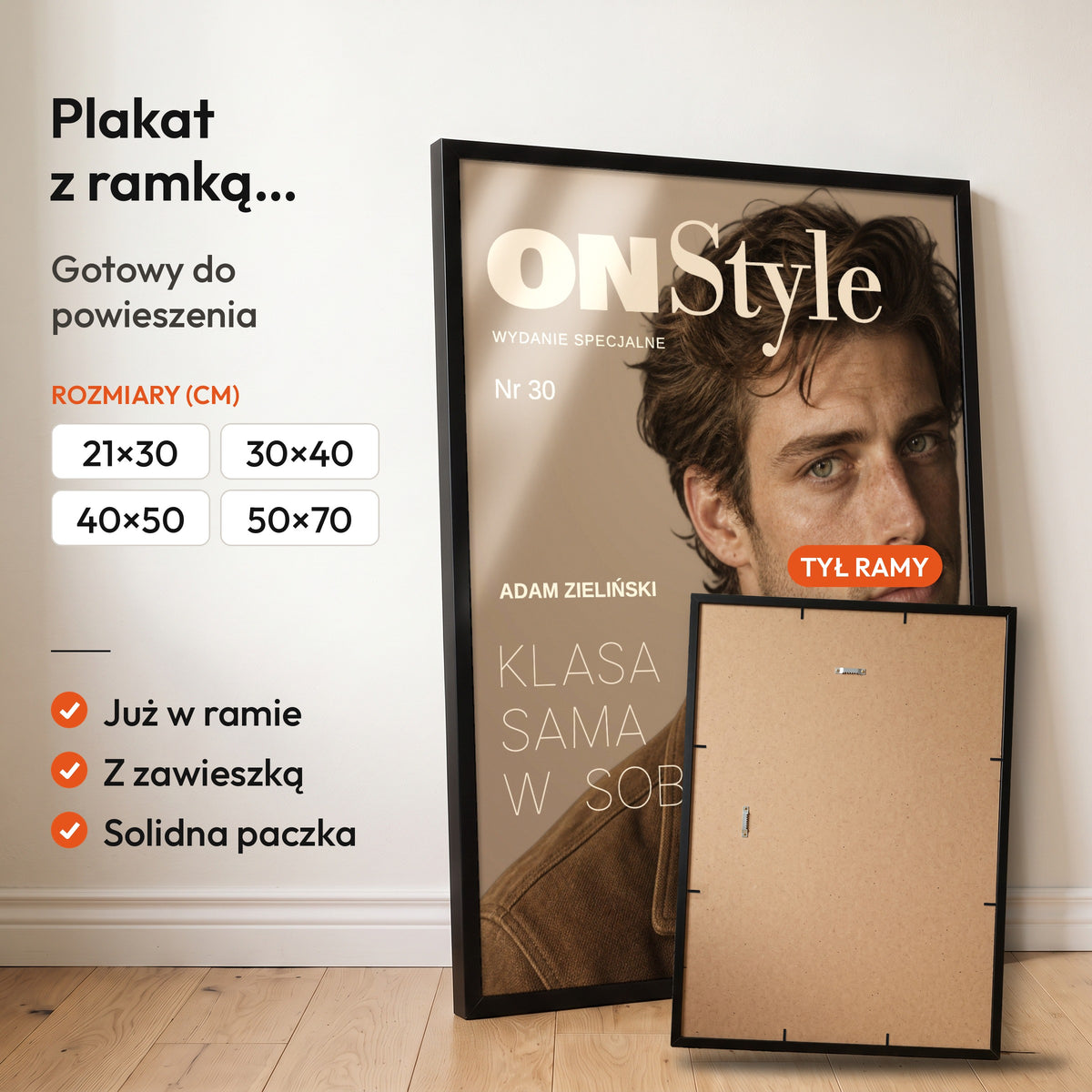 ON Style — plakat z ramką, gotowy do powieszenia: czarna rama od przodu i tył ramy z zawieszką. C-PL-COVMAG-25-2130-NF
