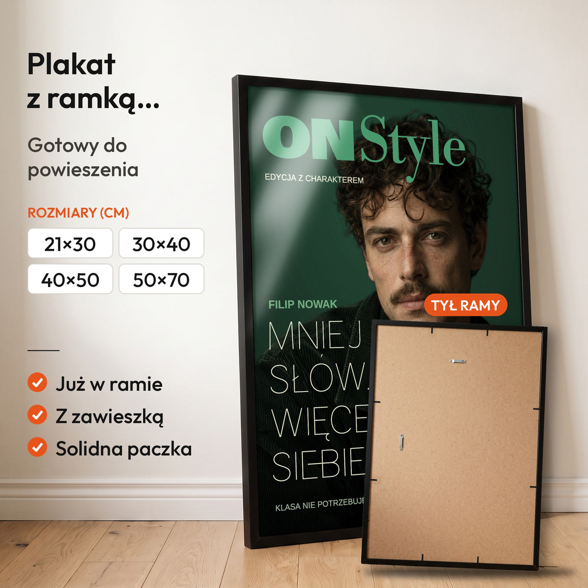ON Style — plakat z ramką, gotowy do powieszenia: czarna rama od przodu i tył ramy z zawieszką. C-PL-COVMAG-29-2130-NF