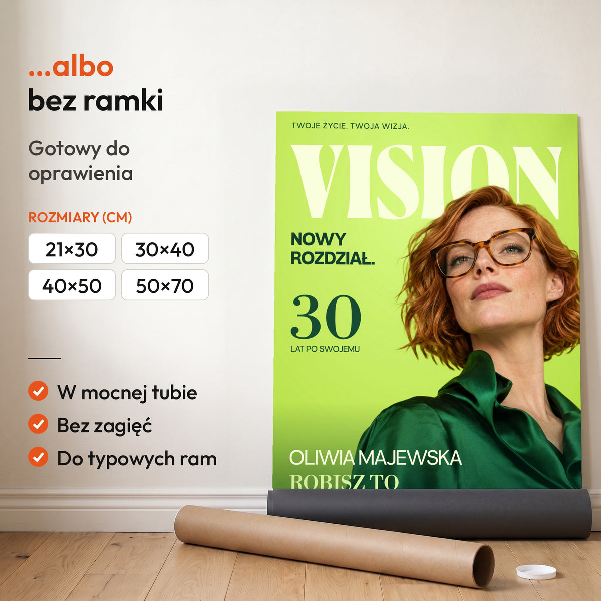 VISION — plakat bez ramki, gotowy do oprawienia: rozwinięty z rolki, obok tuba do wysyłki. C-PL-COVMAG-23-2130-NF