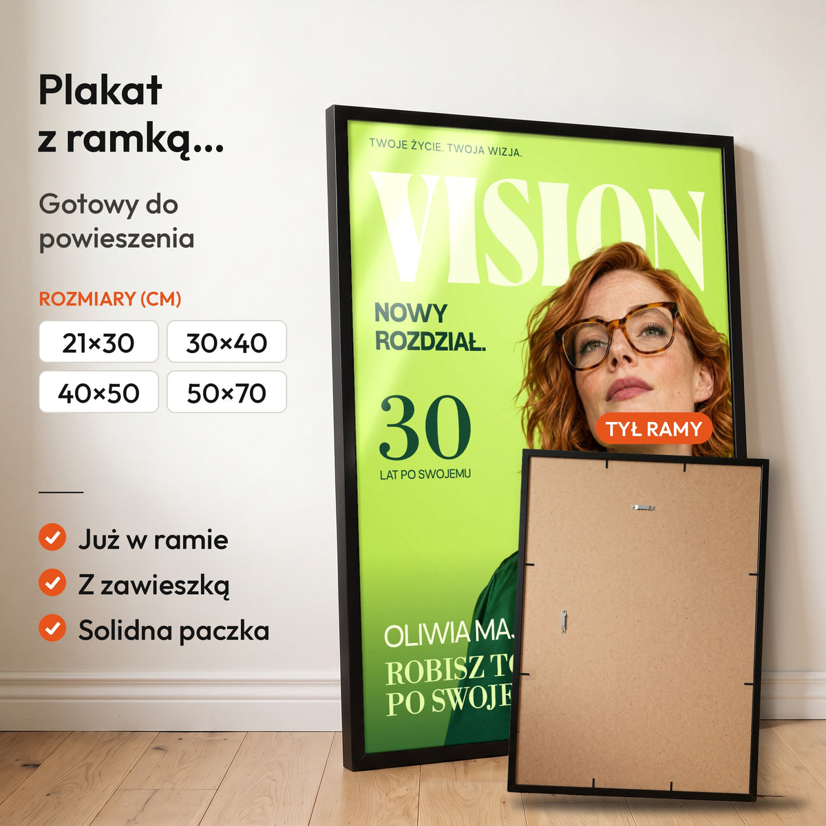 VISION — plakat z ramką, gotowy do powieszenia: czarna rama od przodu i tył ramy z zawieszką. C-PL-COVMAG-23-2130-NF