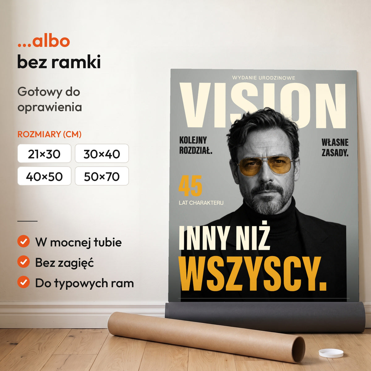 VISION — plakat bez ramki, gotowy do oprawienia: rozwinięty z rolki, obok tuba do wysyłki. C-PL-COVMAG-22-2130-NF