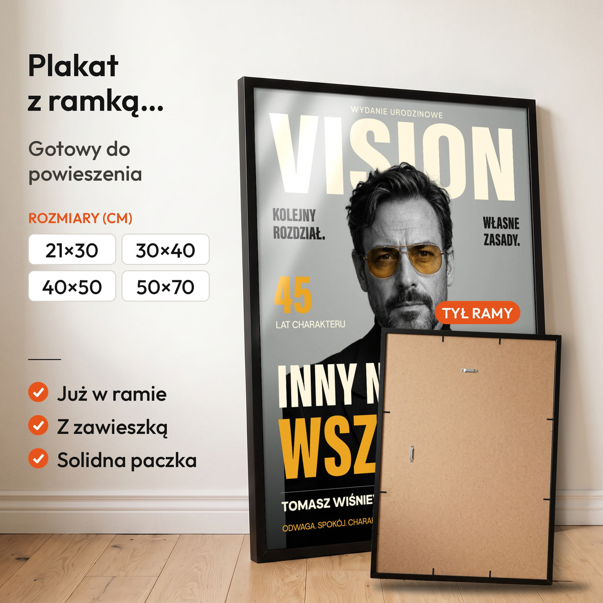 VISION — plakat z ramką, gotowy do powieszenia: czarna rama od przodu i tył ramy z zawieszką. C-PL-COVMAG-22-2130-NF
