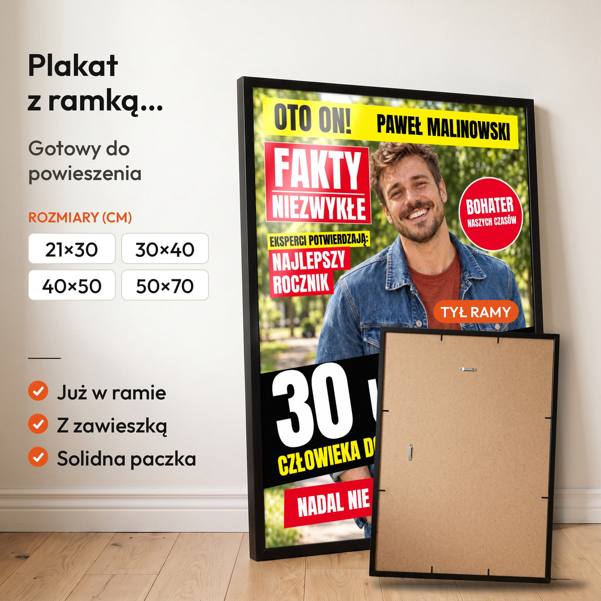 FAKTY NIEZWYKŁE — plakat z ramką, gotowy do powieszenia: czarna rama od przodu i tył ramy z zawieszką. C-PL-GAZ-9-2130-NF