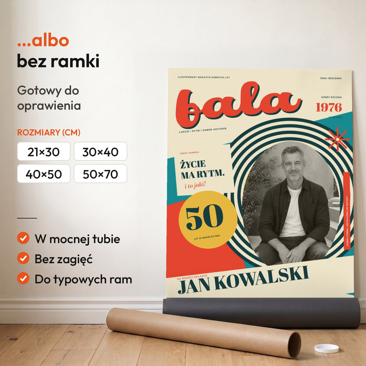 FALA — plakat bez ramki, gotowy do oprawienia: rozwinięty z rolki, obok tuba do wysyłki. C-PL-COVMAG-7-2130-NF