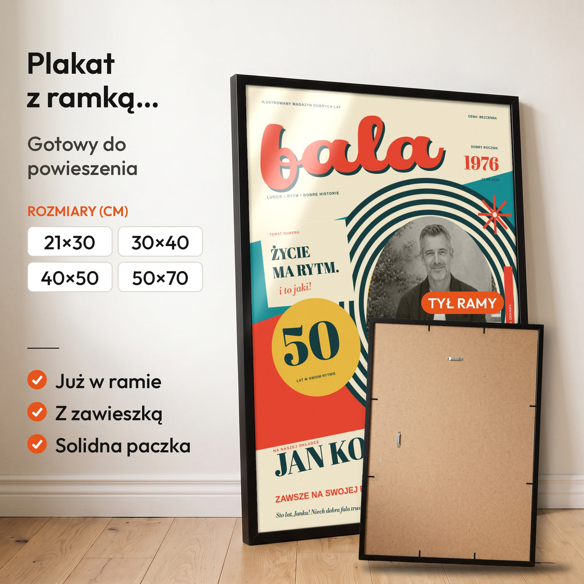 FALA — plakat z ramką, gotowy do powieszenia: czarna rama od przodu i tył ramy z zawieszką. C-PL-COVMAG-7-2130-NF