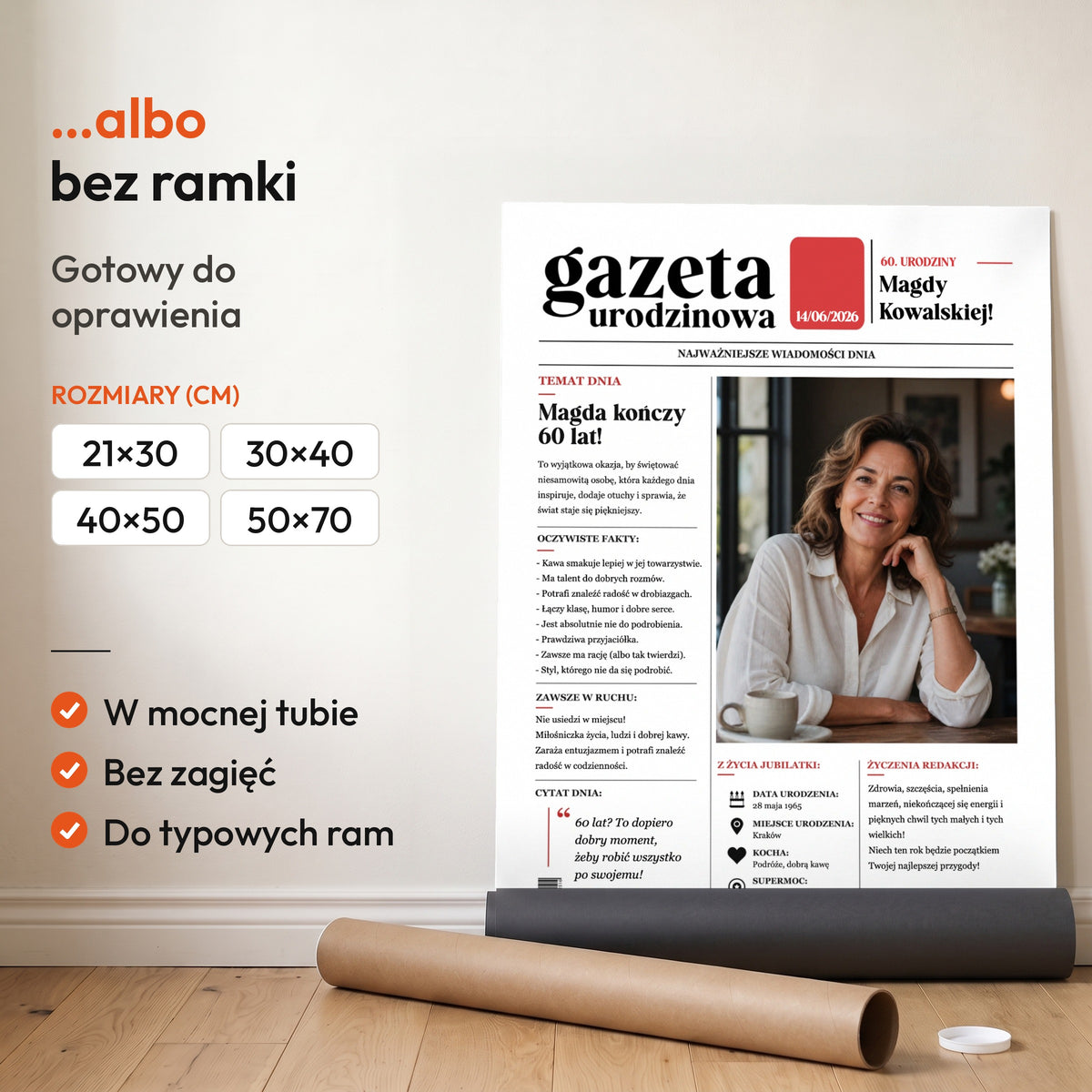 Gazeta Urodzinowa Klasyczna — plakat bez ramki, gotowy do oprawienia: rozwinięty z rolki, obok tuba do wysyłki. C-PL-GAZ-8-2130-NF