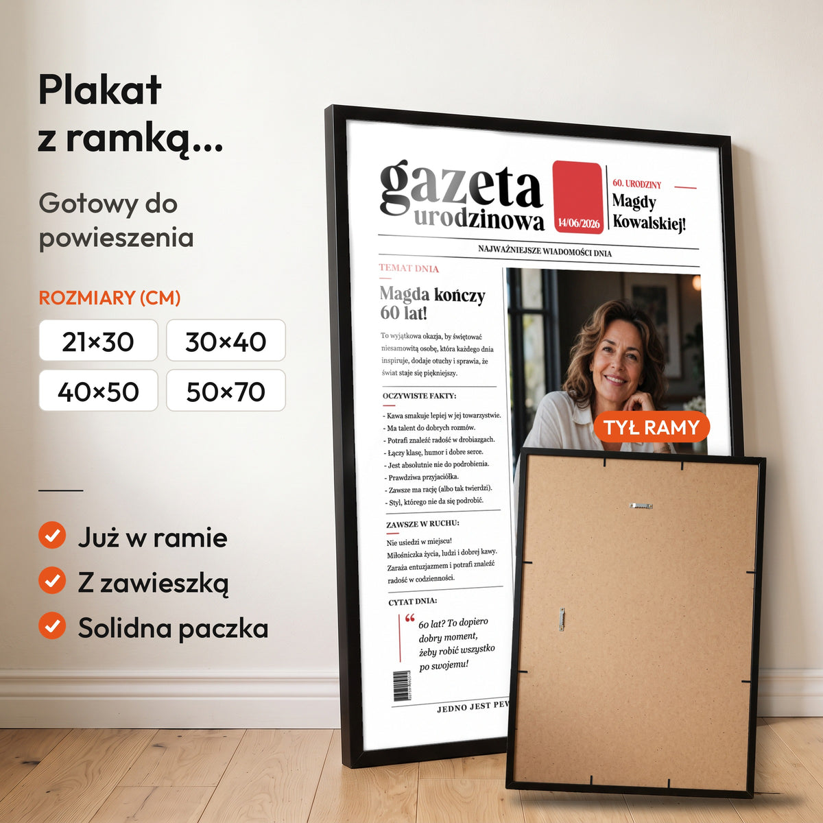 Gazeta Urodzinowa Klasyczna — plakat z ramką, gotowy do powieszenia: czarna rama od przodu i tył ramy z zawieszką. C-PL-GAZ-8-2130-NF