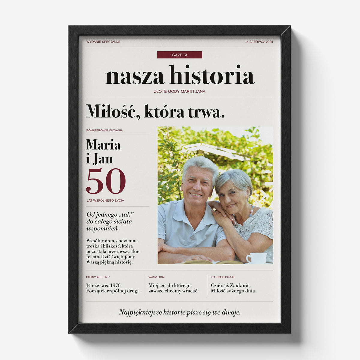Personalizowany plakat gazeta Gazeta — Nasza Historia na rocznicę ślubu w czarnej ramce — główne zdjęcie