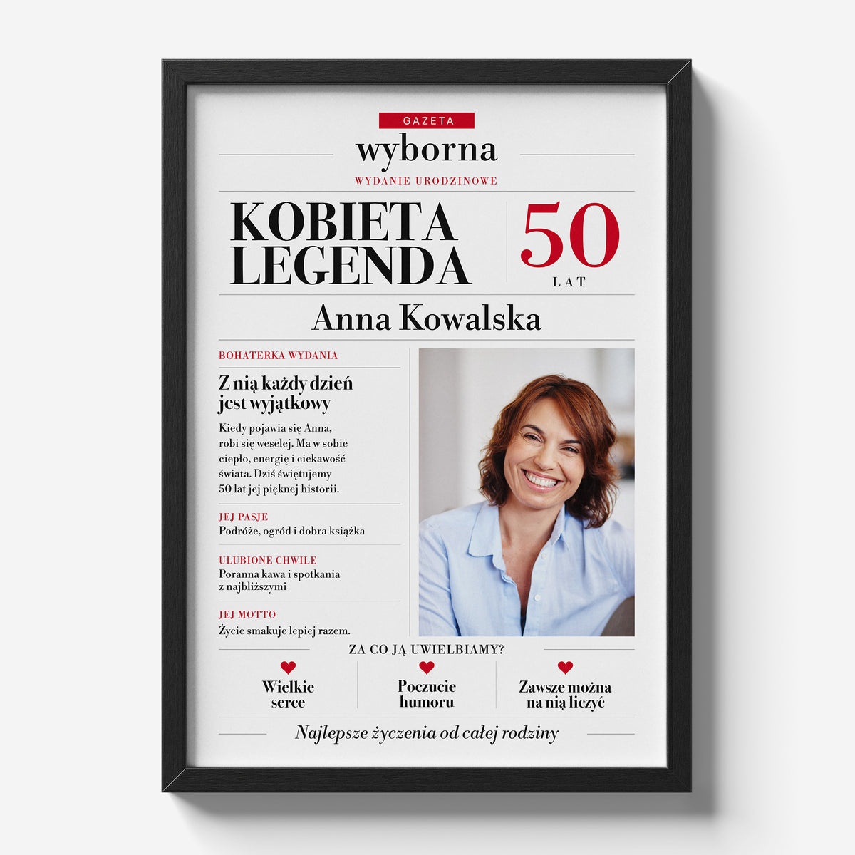 Gazeta Wyborna Kobieta Legenda w czarnej ramce na jasnym tle, personalizowany plakat urodzinowy z portretem, imieniem, wiekiem i własnym artykułem.