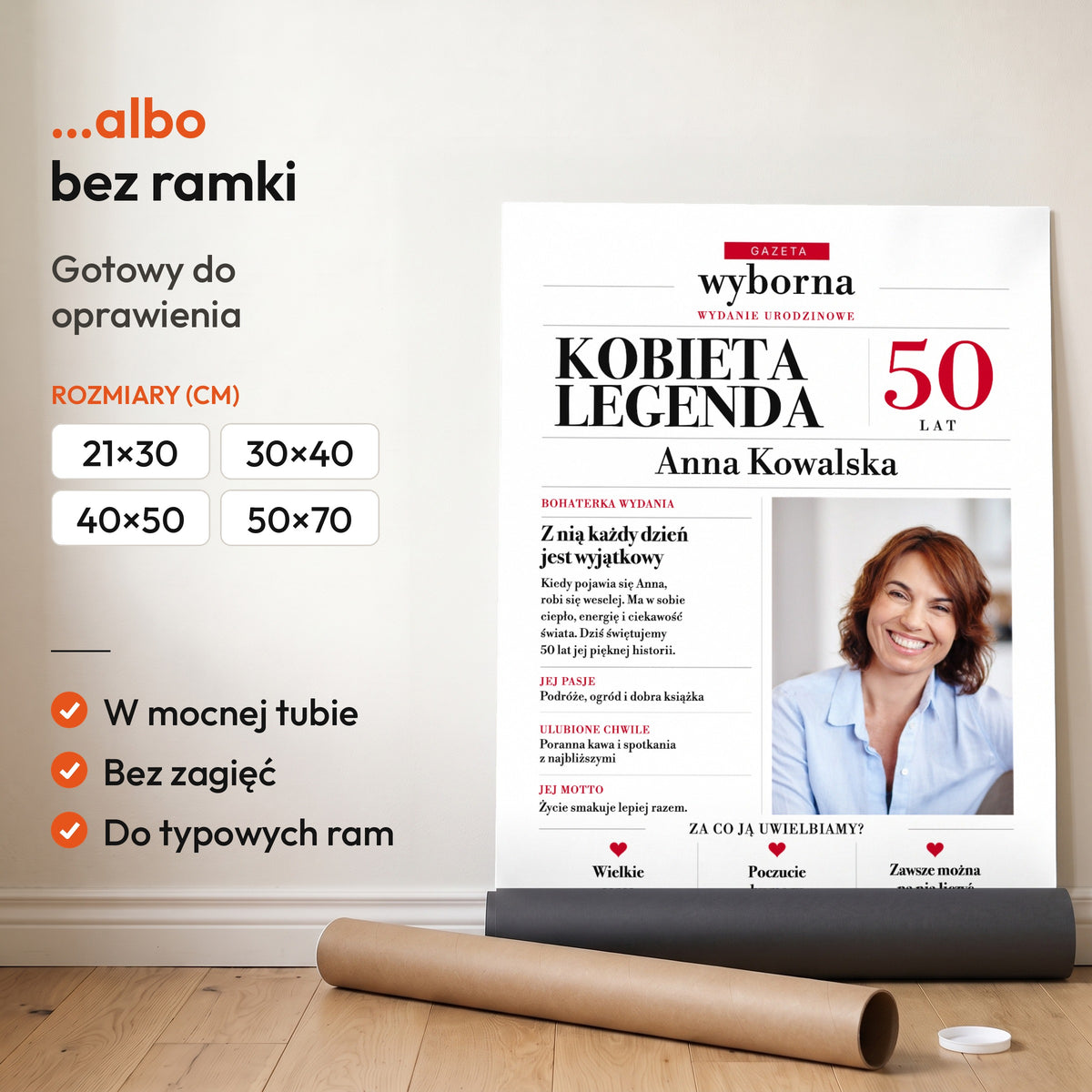 Gazeta Wyborna Kobieta Legenda — plakat bez ramki, gotowy do oprawienia: rozwinięty z rolki, obok tuba do wysyłki. C-PL-GAZ-16-2130-NF