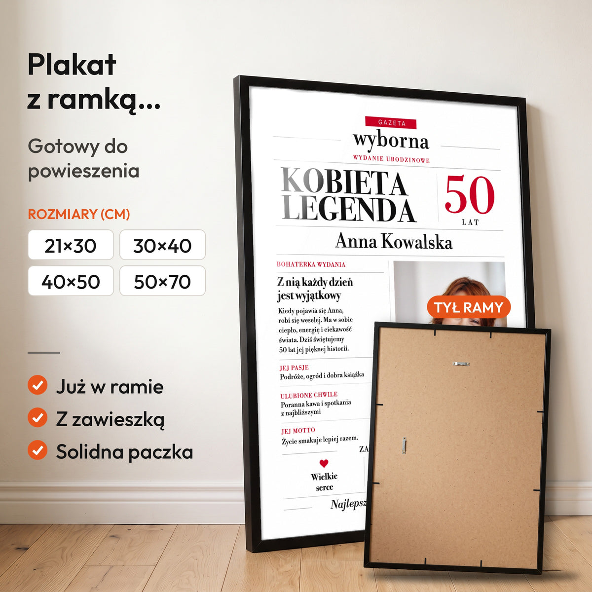 Gazeta Wyborna Kobieta Legenda — plakat z ramką, gotowy do powieszenia: czarna rama od przodu i tył ramy z zawieszką. C-PL-GAZ-16-2130-NF